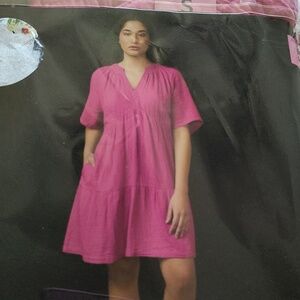 GAP Bright Pink Gauze V-Neck Tiered Dress